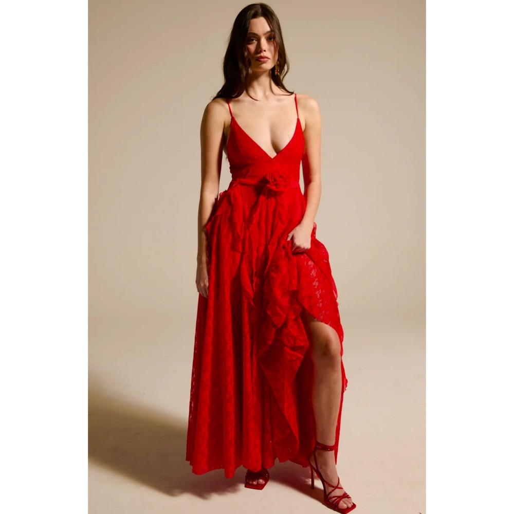 Red Lace Maxi Prom Dress Deep V Ruffle Sash Necklace Tie Party Formal Sold Out - Picture 4 of 11